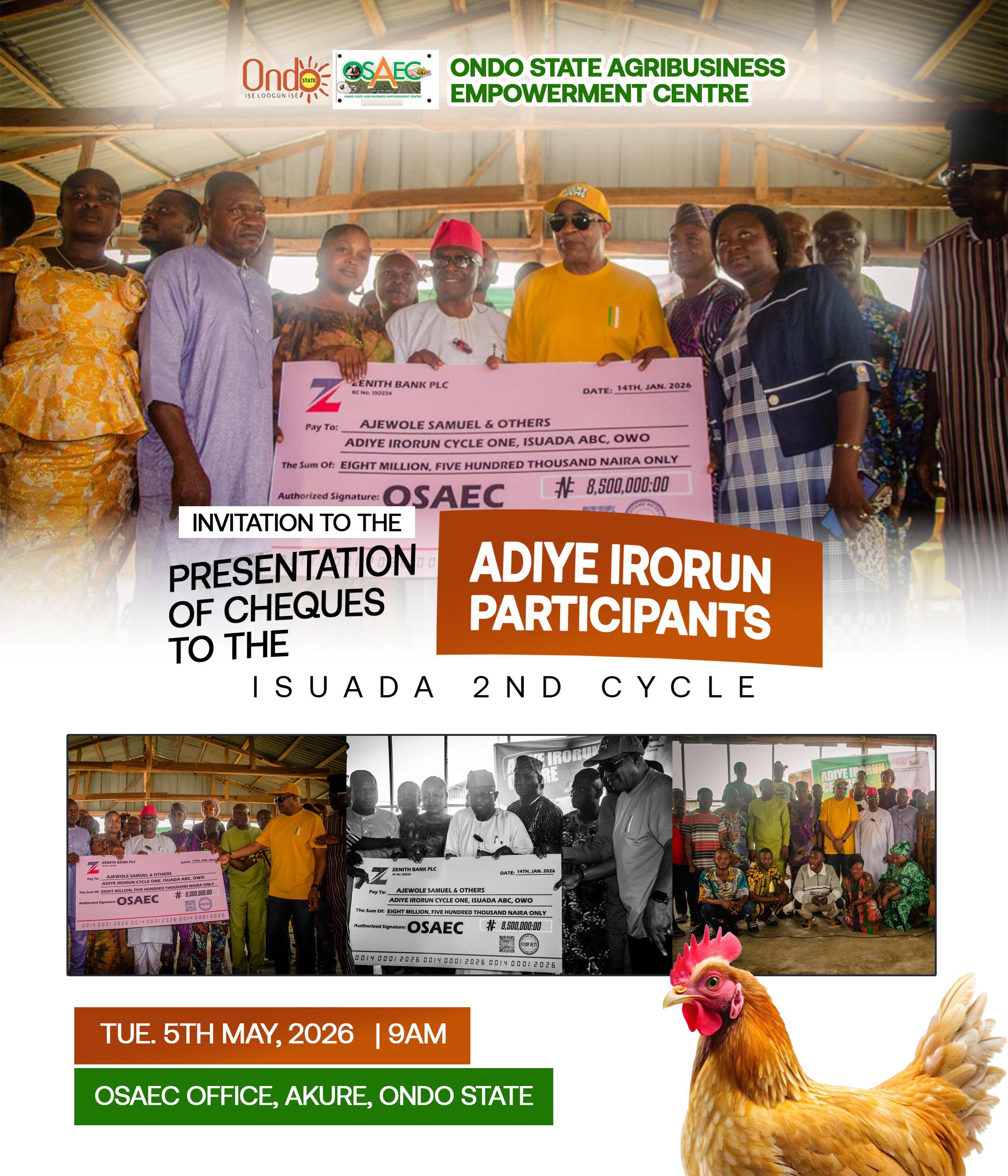 ADIYE IRORUN PROGRAMME: ONDO STATE GOVT SETS TO PRESENT CHEQUES TO PARTICIPANTS