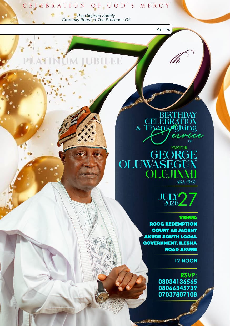 Pastor G.O. Olujinmi to Celebrate 70 Years of God’s Mercy with Platinum Jubilee Thanksgiving in Akure